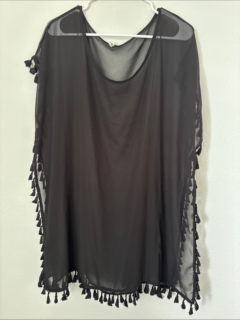 Women's Black Swim Coverup - Lightweight Sheer Tassel Edge Beach Pool Vacation